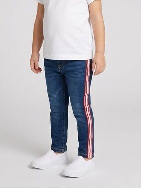 NWT Minoti Girls Denim Pants Blue Jeans Red White Side Stripe Size 3-4T